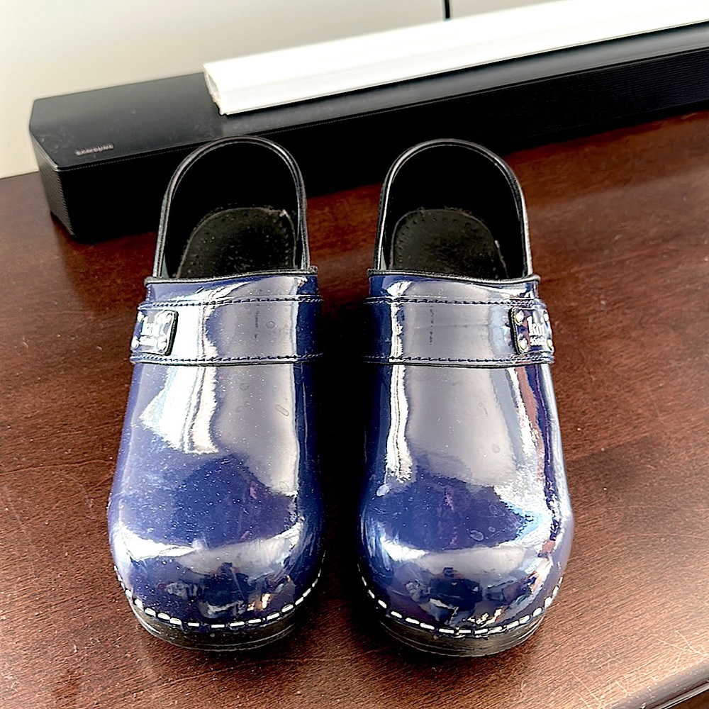 Navy blue patent Sanita clogs